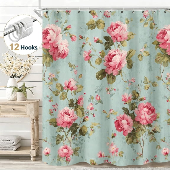 Vintage Watercolor Flower Fabric Pink Peony Floral Shower Curtain, Elegant Exquisite Shower Curtain Set for Bathroom, Waterproof Cloth Fabric with Hooks Decorative Bath Curtain 36*72in