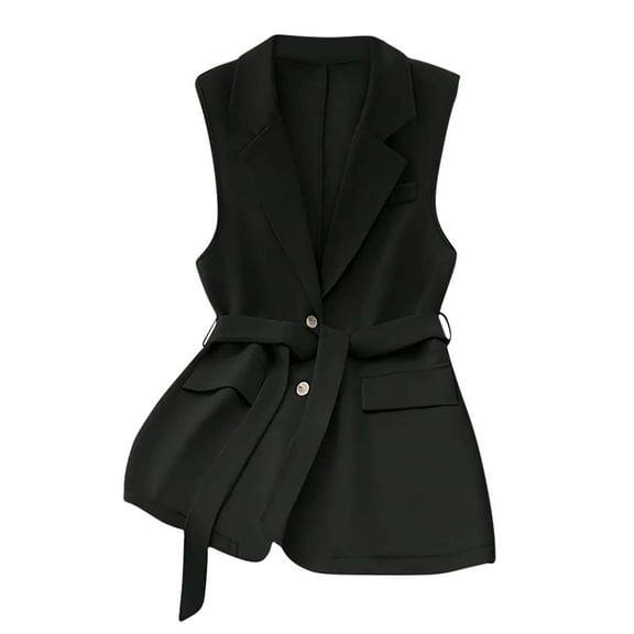 MaFYtyTPR Women's Sleeveless Blazer Coats Fashion Lapel Belt Casual Solid Color Button Open Front Work Office Tops Jacket with Pockets