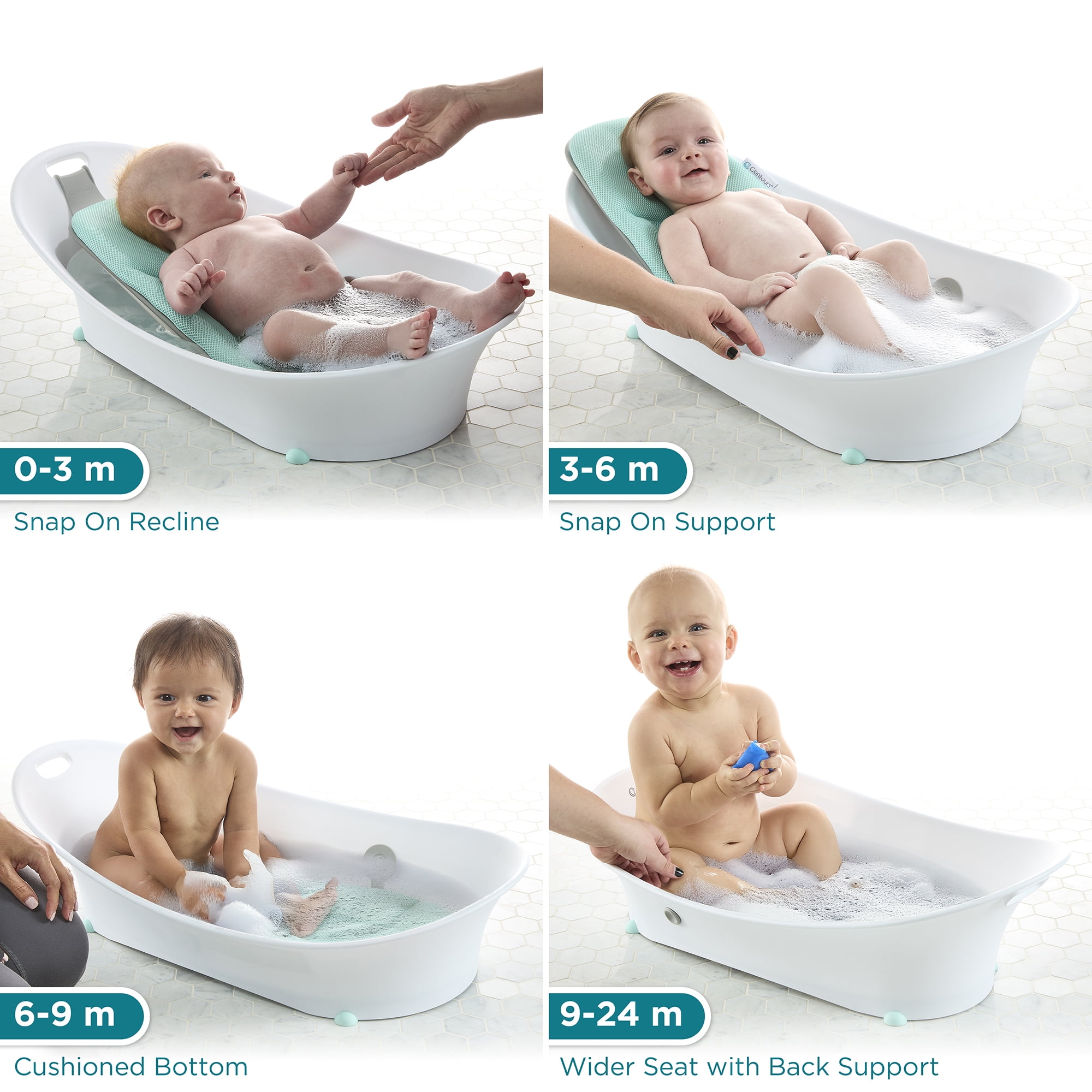 Contours Oasis 4-in-1 Comfort Cushion Baby Bathtub for Newborn, Infant, and Toddler - White