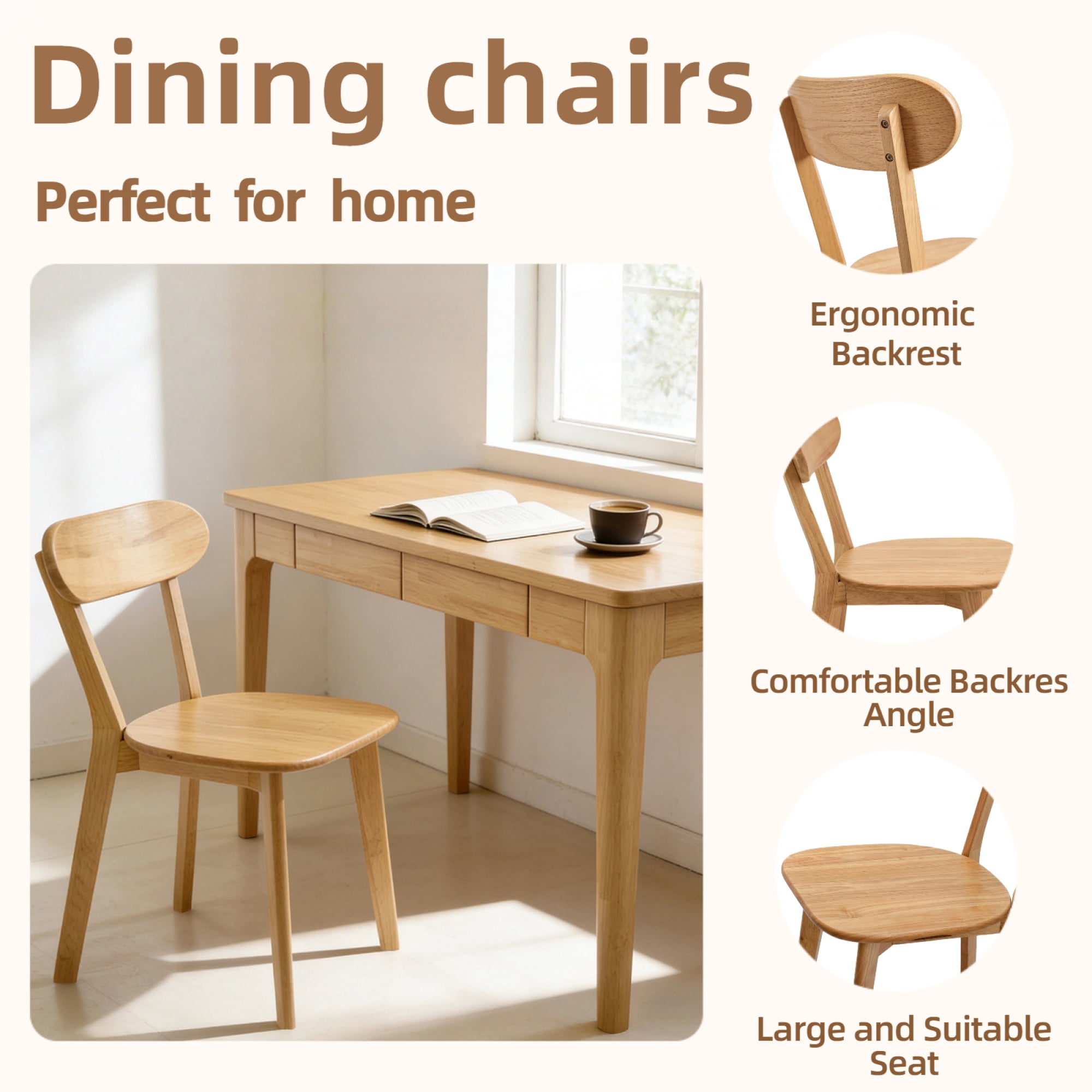 Leumius Dining Chairs Set of 2, Mid Century Modern Solid Wood Dining Chairs with Curved Backrest, Kitchen Chair with Adjustable Foot Pads for Dining Room Kitchen Living Room Study, Natural