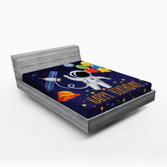 Ambesonne Birthday Fitted Sheet, Astronaut Balloon, Full Size, Multicolor