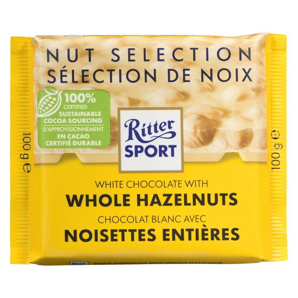 Ritter Sport White Chocolate with Whole Hazelnuts, Additional Information:Fine Quality European Chocolate. Made with Natural Ingredients. With Crunchy Hazelnuts. With a crunchy roasted whole hazelnuts.