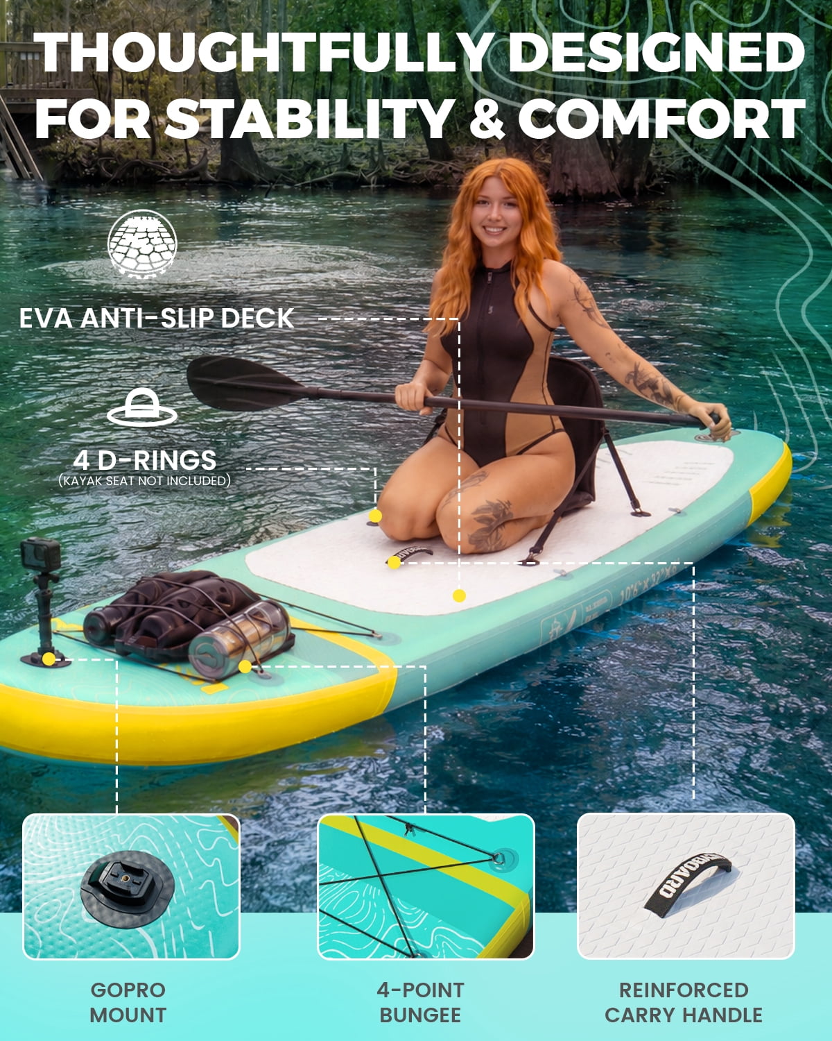 10'6" Inflatable Stand Up Paddle Board for Adults, Non-Slip EVA, Camera Mount, Mint Green