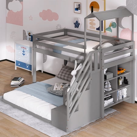 House Bunk Bed with Storage Shelves and Staircase  Twin over Full Bunk Bed Frame with Roof and Safe Guardrail  2 Beds in 1 Design  for Kids Teens  Gray