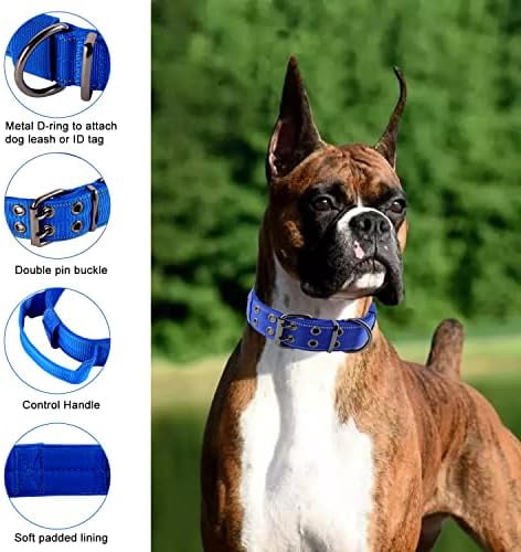 Reflective Dog Collar Heavy Duty Tactical with Control Handle and Metal Buckle for Dog Training(M,Blue)