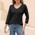 thumbnail image 6 of Up To 50% Off Basic Tee Tops 2025 Women's V Neck 3/4 Sleeve Tops Color Block/Solid Shirts Basic Summer Tees, 6 of 7