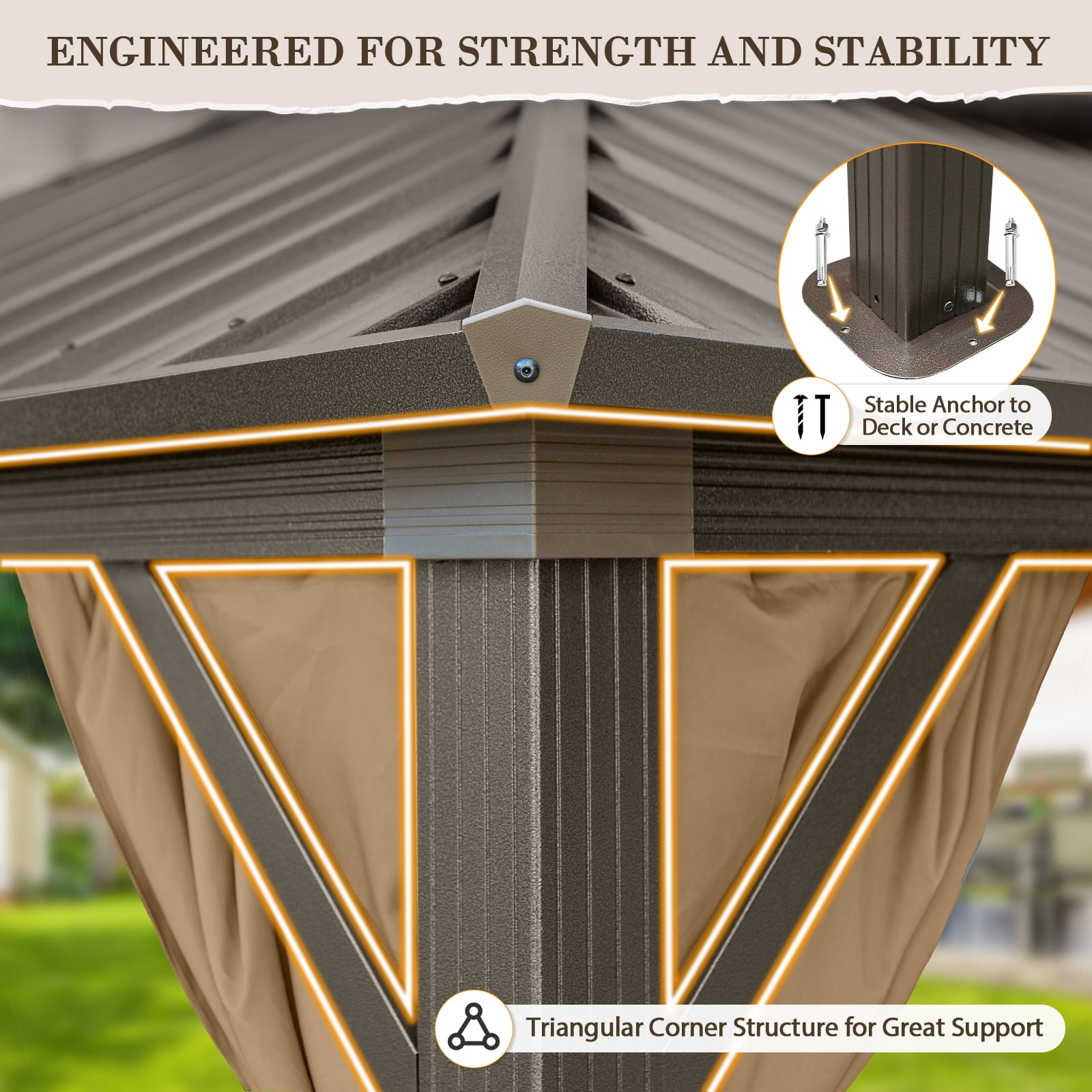 EAGLE PEAK 10'x12' Outdoor Patio Hardtop Gazebo with Aluminum Frame, Galvanized Steel Double Roof with Netting and Curtains, Brown