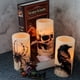 thumbnail image 4 of Velas parpadeantes de Halloween con calavera, telaraña, calcomanías de cuervo, juego de 3, velas LED con temática de Halloween que funcionan con pilas, decoración espeluznante de terror, 4 of 5
