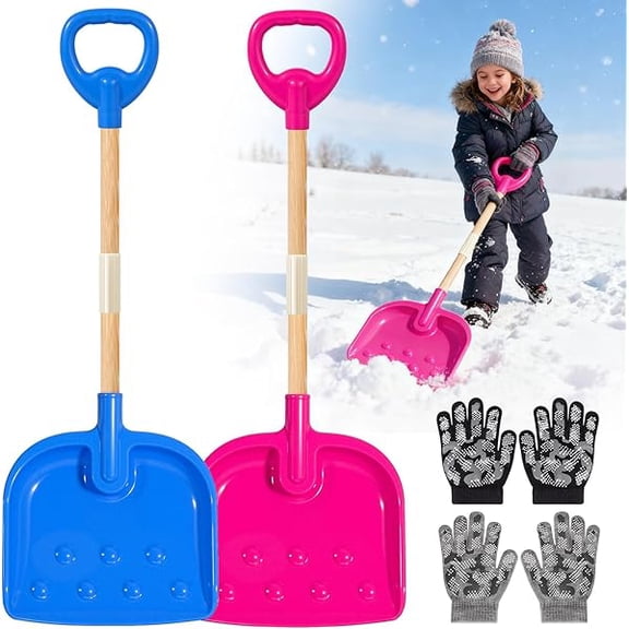 Kids Snow Shovel Adjustable 22-32 Inch Detachable Wooden Handle with Plastic D-Grip Handle and Scoop Includes Child Winter Gloves Lightweight Plastic Shovels for Snow Removal