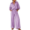 thumbnail image 2 of BRELIL Women Plus Size Two Piece Set Striped Collared Long Sleeve Shirt Wide Leg Pants Loose Boho Vacation Casual Travel Outfits Tracksuit, Purple 3XL, 2 of 9