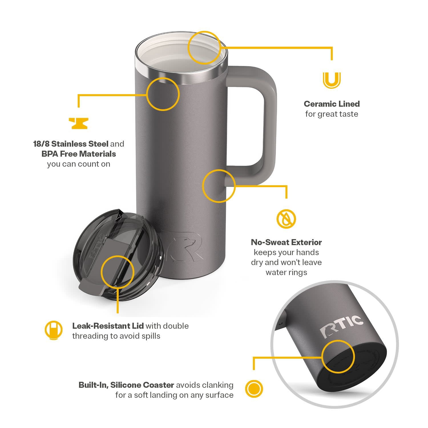 RTIC Road Trip 20 oz Ceramic Lined Leak-Resistant Lid Travel Mug, Graphite