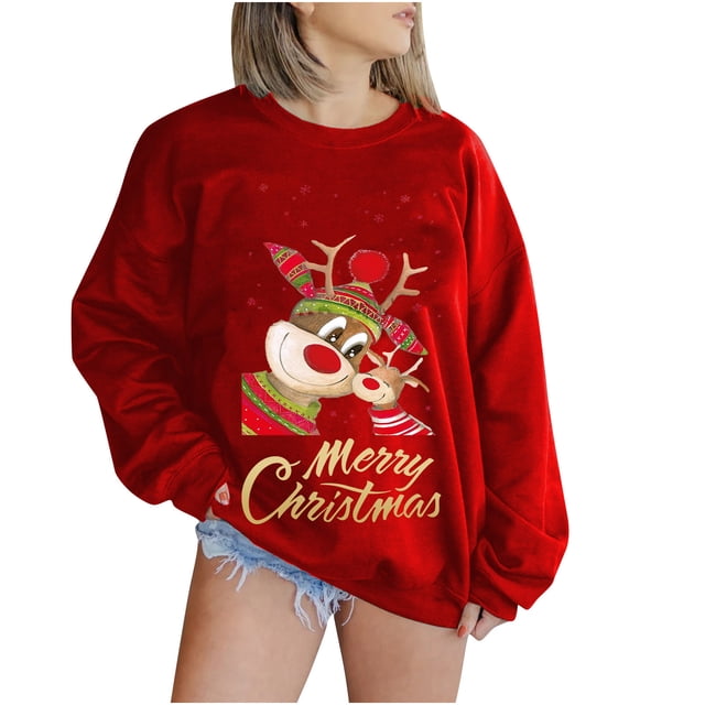 Costumes de Noël en Liquidation Mode Manches Longues Col Rond Imprimé de Noël Hauts Amples Blouse Chandails Grande Taille Chandail pour Femmes