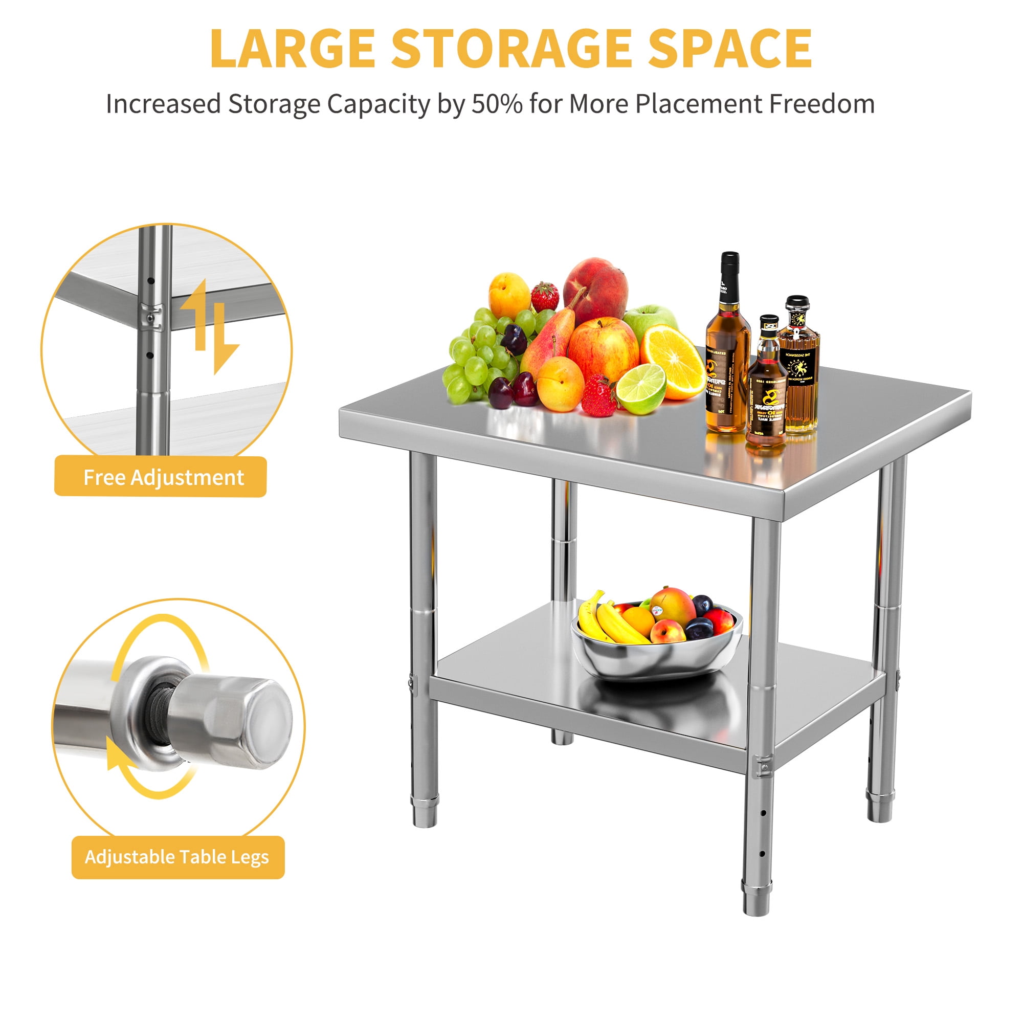 Uforic 30" x 24" Stainless Steel Work Table with Adjustable Storage Shelf, Heavy-Duty Commercial-Grade Kitchen Workstation