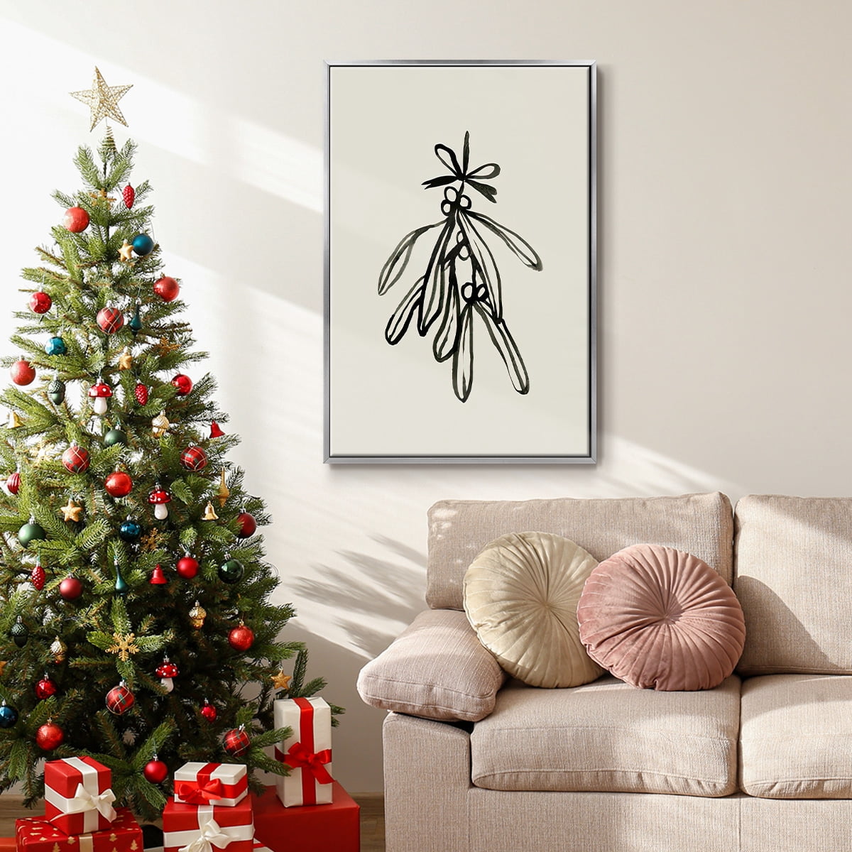 Mistletoe Sketch with Bows II - Framed Gallery Wrapped Holiday Canvas - 17 x 25 - Silver Frame