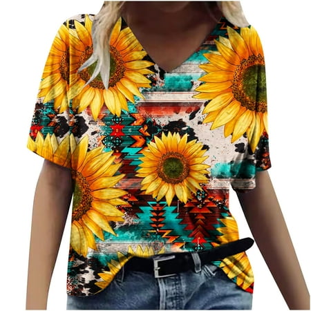 Xihbxyly Womens Plus Size Tops Summer Short Sleeve T-Shirt Casual Loose V Neck Tee Shirts July 4 Shirts for Women Independence Day Tops