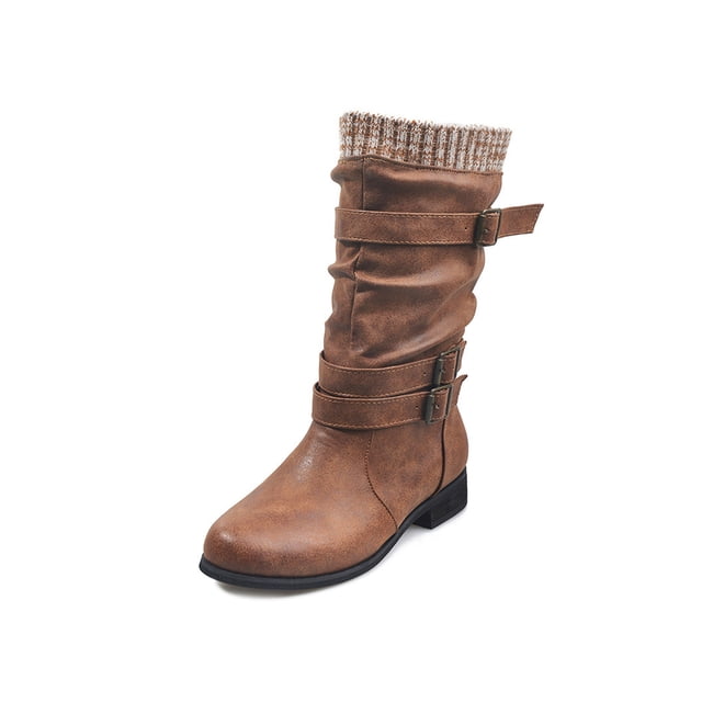 Woobling Chaussures Décontractées pour Femmes à Enfiler Bout Rond d'Hiver Mode Mi-Mollet Marron 5.5
