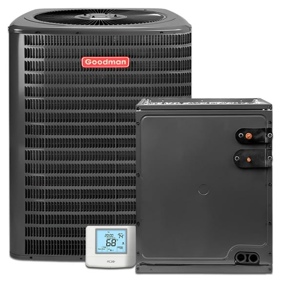 Goodman 1.5 Ton 13.4  SEER2 Condenser AC Unit & 14" Vertical Evaporator Cased Coil - R32 Single Stage | Includes Thermostat Only | 18000 BTU