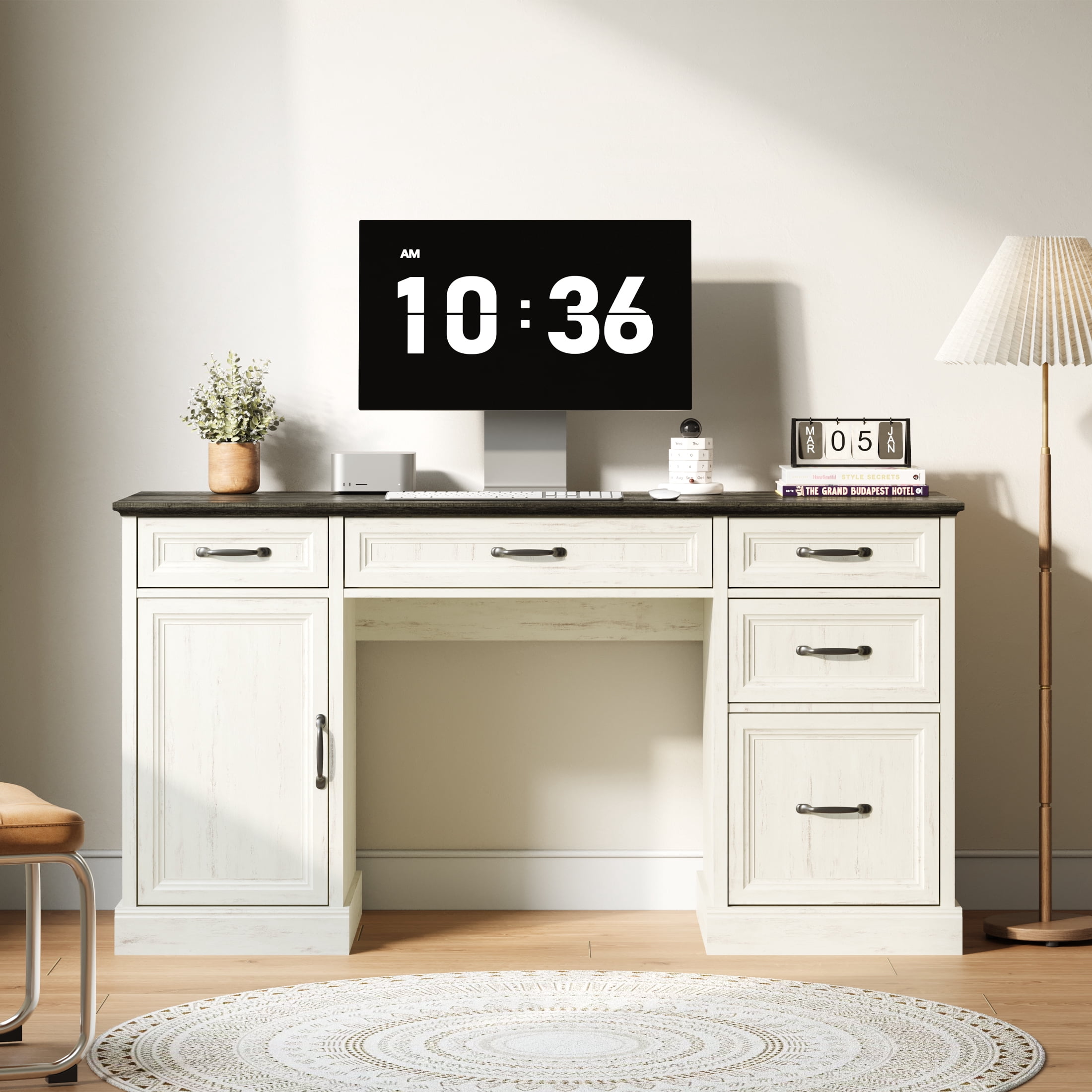 YouTrend 58'' Farmhouse Executive Desk,Wood Home Office Computer Desk with 5 Drawers and Storage Cabinet for Work Study Writing,White