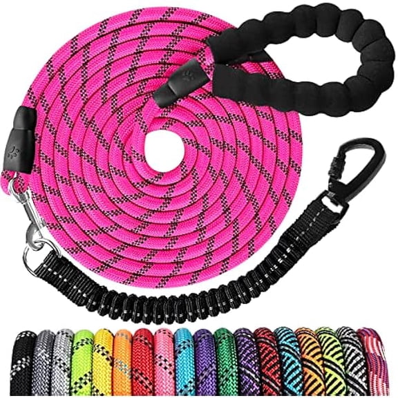 Eryueer Long Dog Leash 15FT: Heavy Duty Nylon Rope Leashes for Dogs Training with Reflective Threads Bungee and Padded Handle - Dog Lead for Large Small Medium Dogs Outside Walking Hiking - Pink
