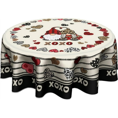 

Valentines Day Tablecloth 60 Inch Round Black Stripe Love Heart Washable Table Cover Holiday Decorative for Banquet Party Picnic Dinner