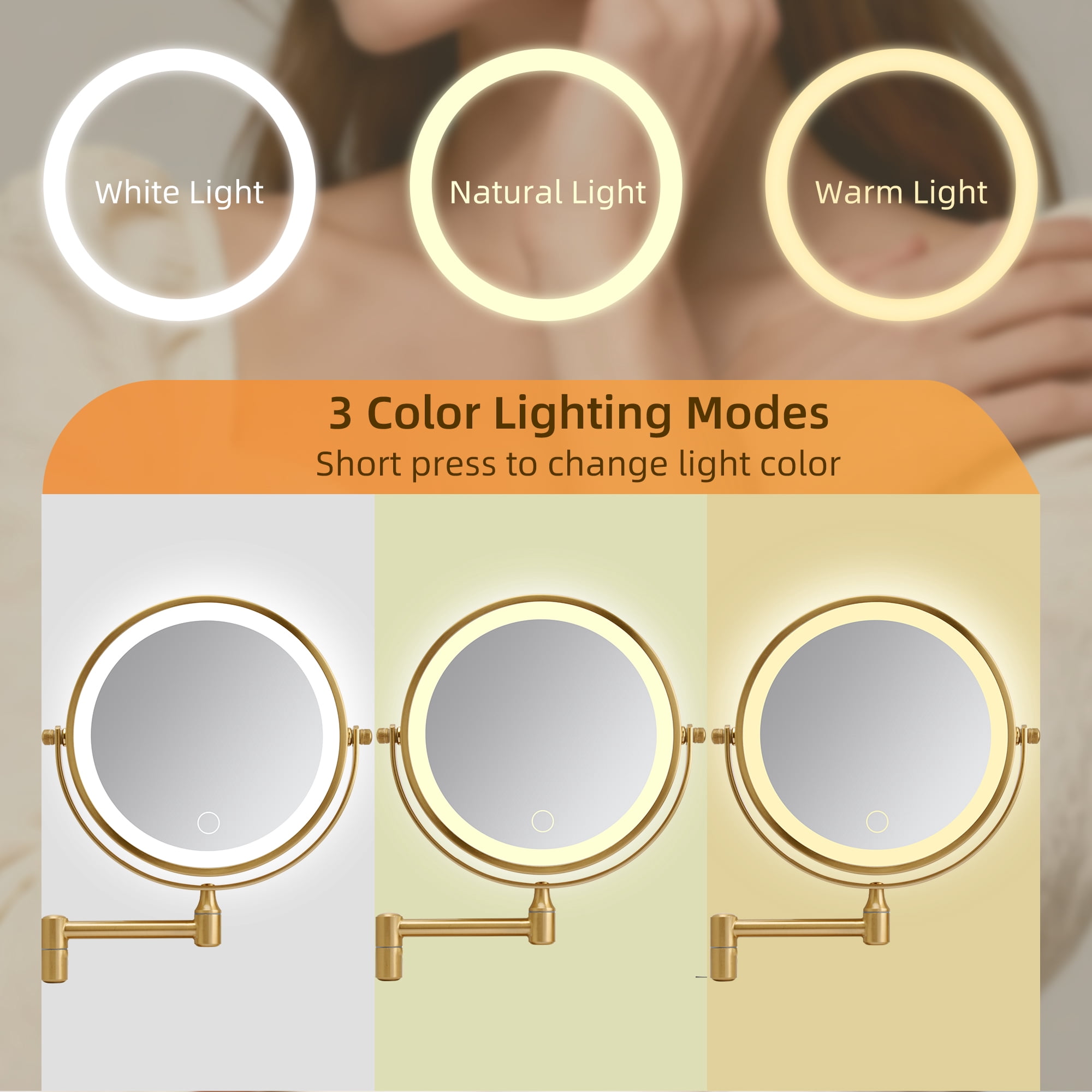 8-Inch Rechargeable Wall Mounted Makeup Mirror with LED Lights, 1X/10X Double-Sided Magnifying Mirror for Bathroom, Gold