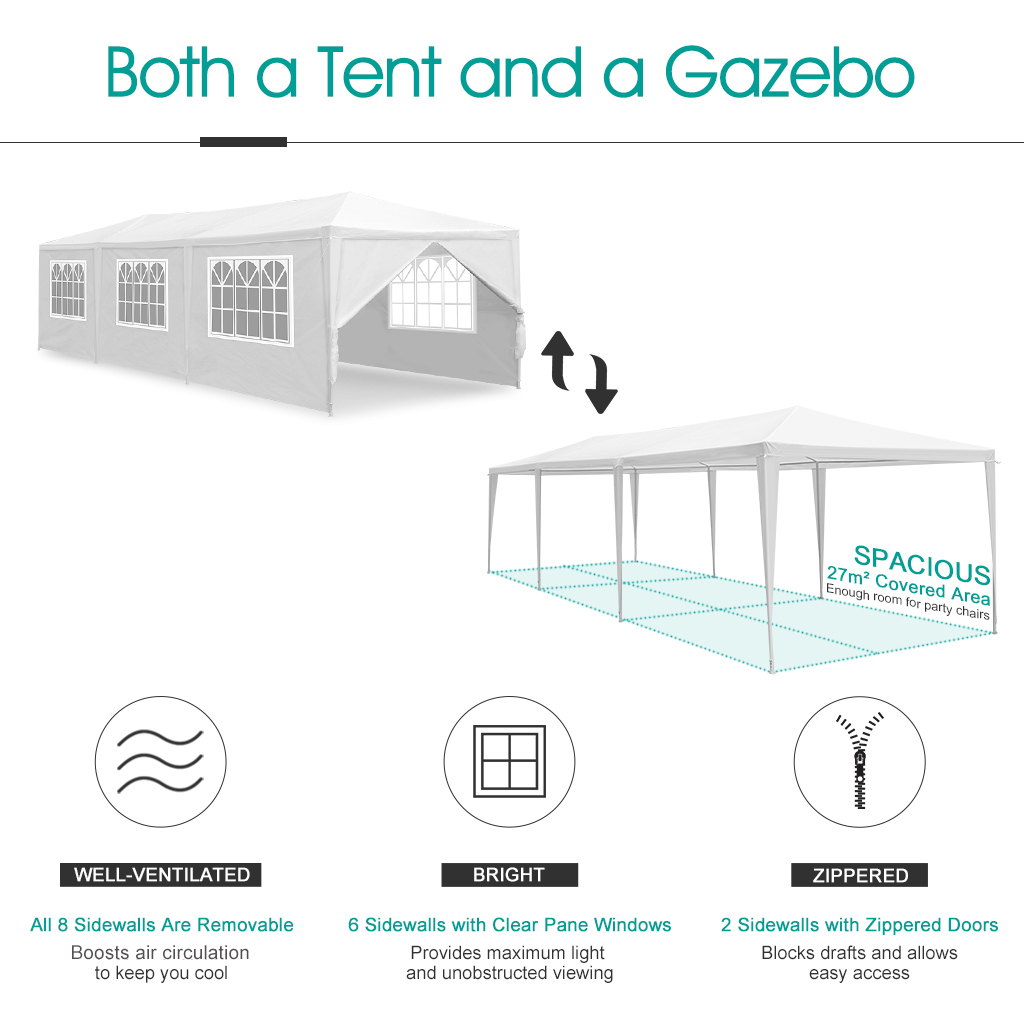 Party Tent Canopy 29.5×9.8 ft, LANGRIA Wedding Tent with Canopy, 4 Removable Sidewalls, 8 Windows, White Tents for Outdoor Events Catering Carport, White