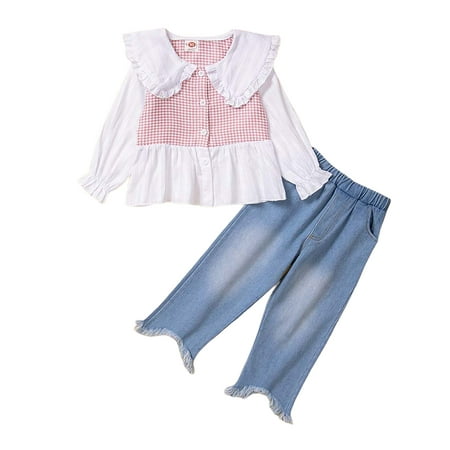 

uukiA Infant 12-24 Months And 2-5T Baby Girl Long Sleeve Houndstooth Top Jeans Two-Piece Set Pants Set