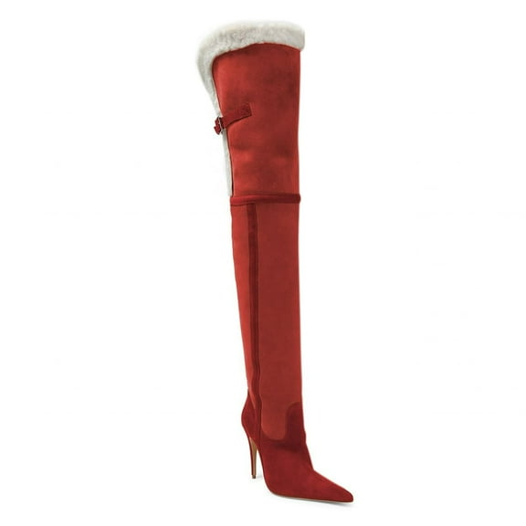 YDN Women Pointed Toe Two Tone Thigh High Boots Pull On Buckle Stiletto High Heels Winter Dressy Party Long Boots Size 7 Orange Red