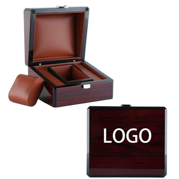 RBYENOU Premium Red Grain Wooden Watch Box Personalized Gift - Free Logo Engraving, Durable Single Watch Case for Men & Women