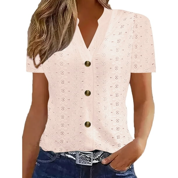 Casual Primavera Tops para las Mujeres V-Cuello Torcido Botón Color Sólido Suelto de Manga Corta, Fácil Oficina Y Fiesta de Uso