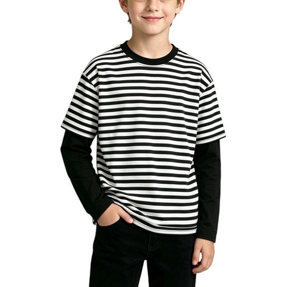WDWYY Boys Striped Long Sleeve T Shirt Loose Fit Soft Stretchy Crew Neck Fake Two Piece Casual Tee Black 7-8Y