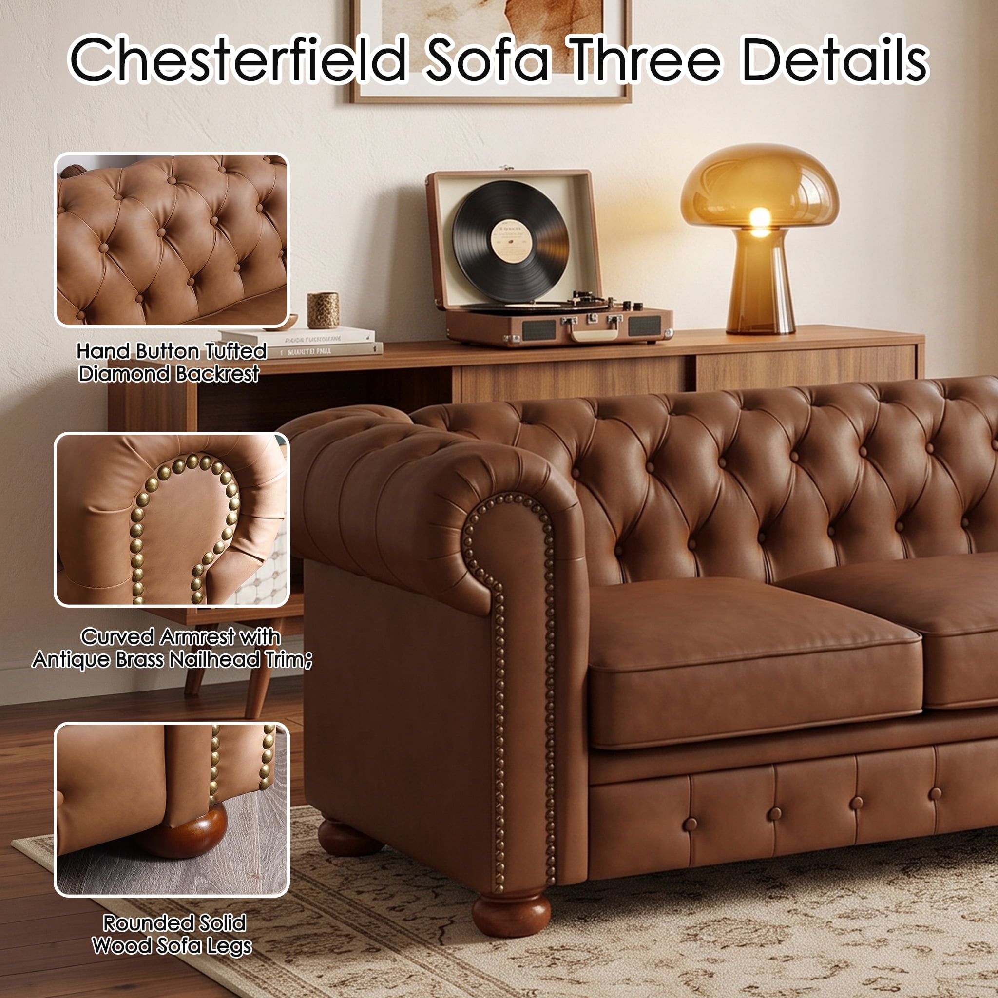 81" Brown Chesterfield Faux Leather Sofa, Rolled Arm 3 Seater Couch, Button Tufted Back, Nailhead Trim, Individual Cushions, Solid Wood Legs for Living Room, Office, Apartment