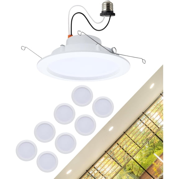 Satco S11897 13W LED 6-Inch Downlight Retrofit CCT Selectable 2700K–5000K 900–1400 Lumens Regressed Wafer Round Matte White IC Air Tight Energy Star Wet Rated (8 Pack)