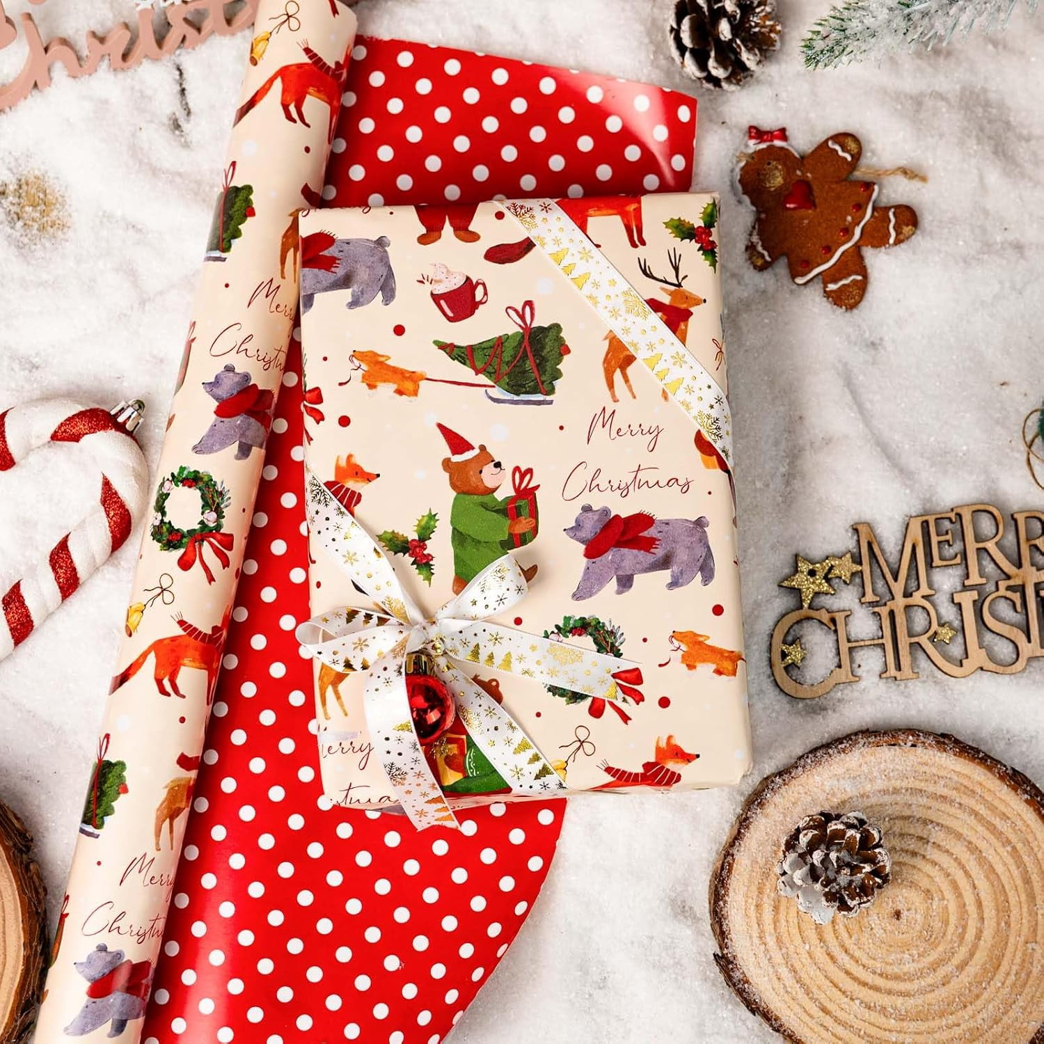 Christmas Wrapping Paper, Reversible Bear, Foxes have Christmas Design Gift Wrapping Paper Suitable for Holiday, Mini Roll (17 Inch X 32.8 Feet)