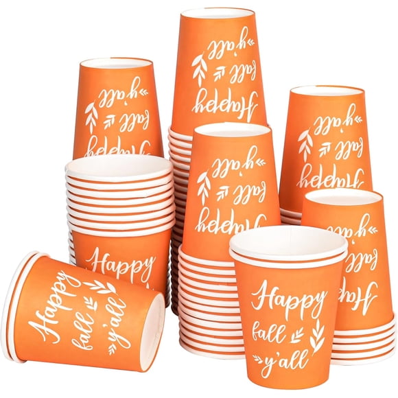 missunny-100Pcs Fall Party Cups Happy Fall Y'all Paper Cups 9oz Autumn Coffee Beverage Disposable Drinking Cups Orange Pumpkin Spice Cups for Wedding Birthday Thanksgiving Harvest Party Supplies
