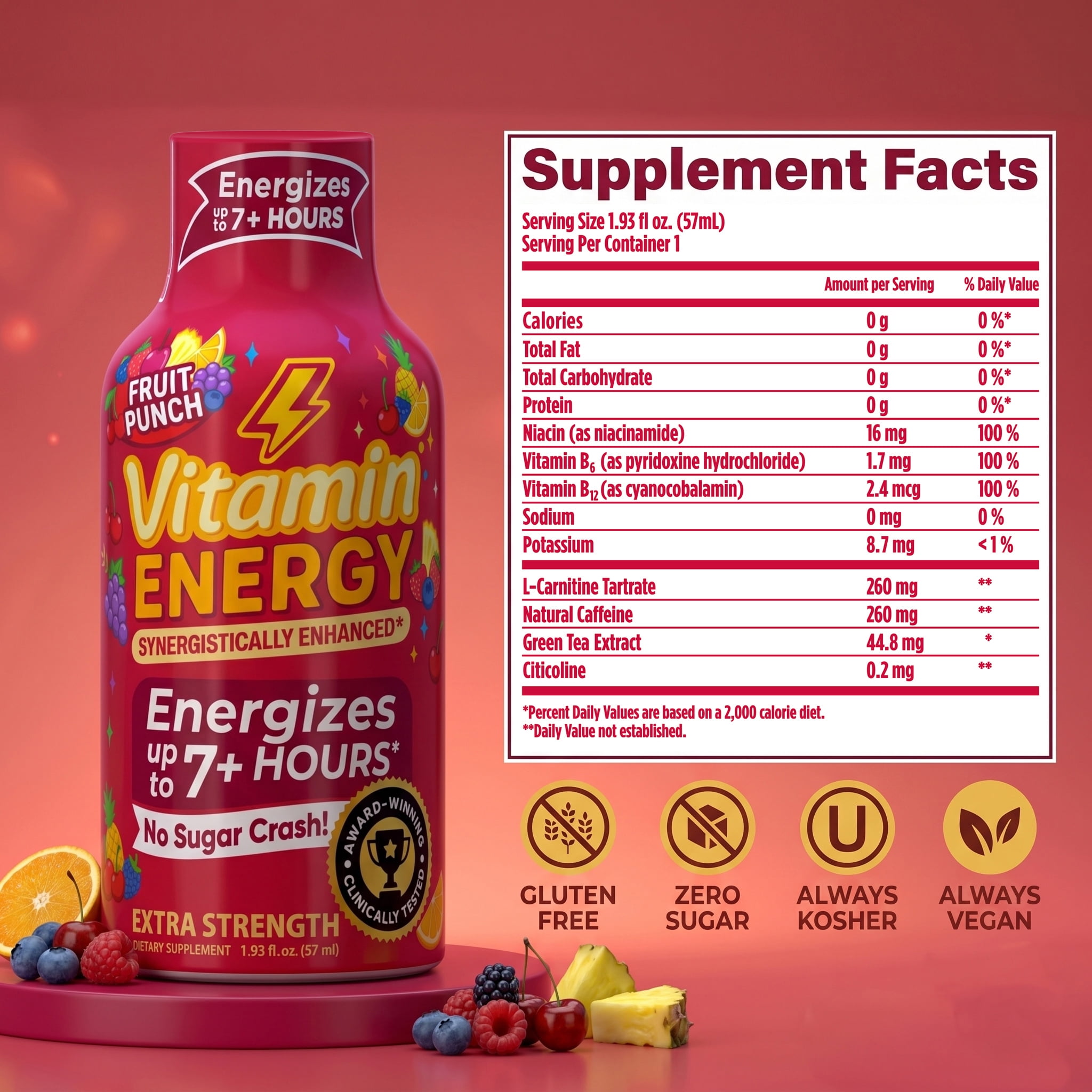 Vitamin Energy Focus+ Extra Strength Shot, Fruit Punch, 12 Pack – 260mg Natural Caffeine, CoQ10 & B-Vitamins, Zero Sugar, 1.93 fl oz