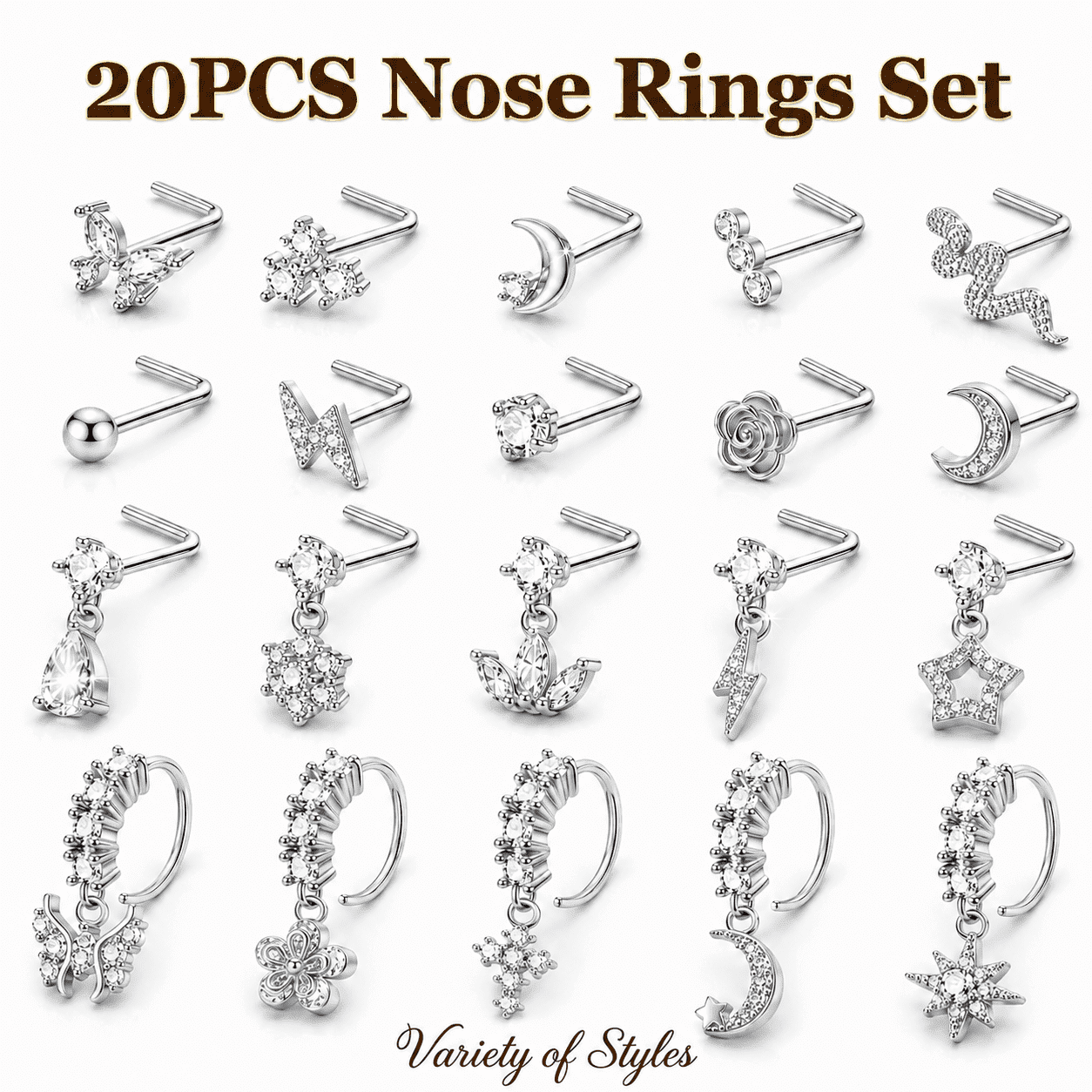 TAVENE 20PCS 20G Dangle Nose Rings for Adults Women, L‑Shaped Nose Studs, Dangling Hoops with CZ Flower Butterfly Moon, Nose Piercing Jewelry
