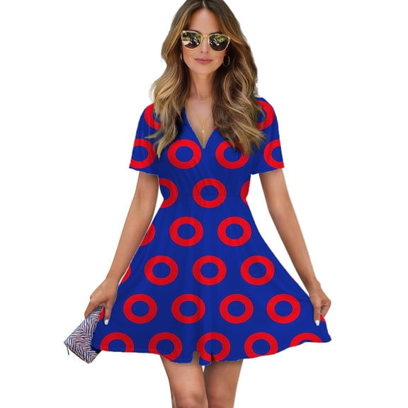Red Circles On Blue Women Dress V-Neck Short Sleeve Flowy Swing Party Midi Dress