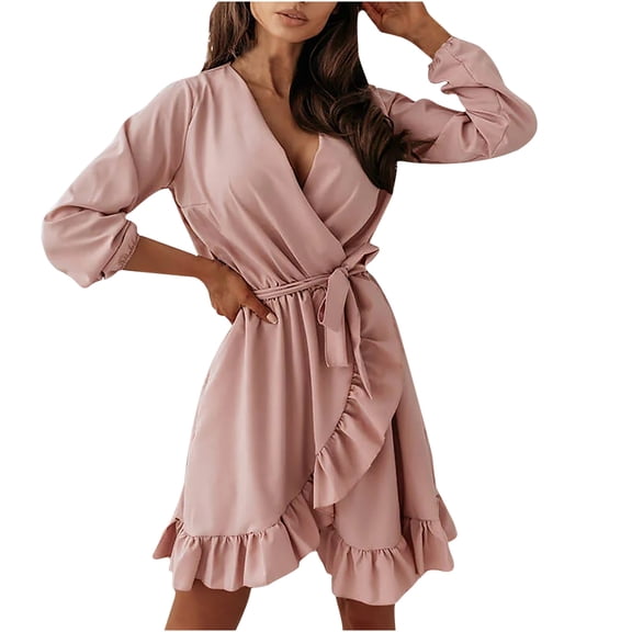 Fall Dresses for Women V Neck Ruffle Hem Solid Color Long Sleeve Dress Tie Waist Casual A Line Swing Mini Dress