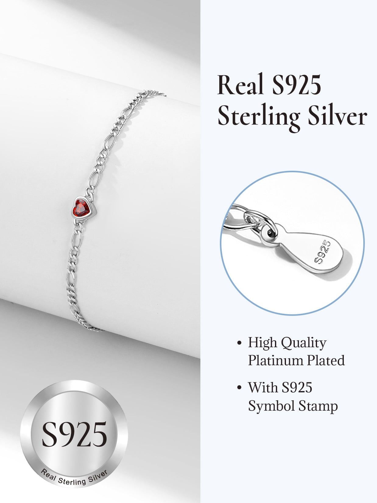 U7 Heart Anklet Bracelet for Women January Red Garnet Sterling Silver Figaro Anklet Charming Summer Jewelry Gift Beach Foot Chain for Daughter