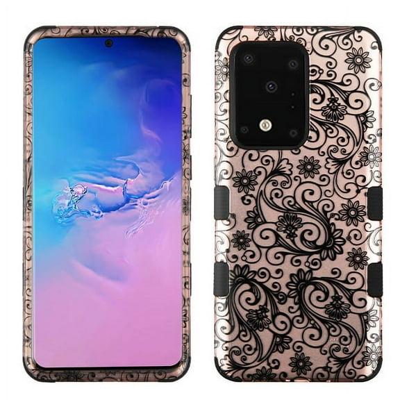 Samsung Galaxy S20 ULTRA (6.9") Phone Case Hybrid Armor [Military Grade] Dual Layer Rugged Rubber TPU Shockproof Cover 2D Damask Leaf Lace Floral Rose Gold Flowers for Samsung Galaxy S20 Ultra