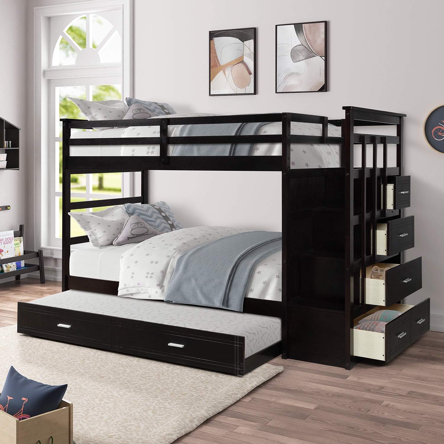 Twin over Twin Bunk Bed Frame with Trundle and Storage Drawers, Wood