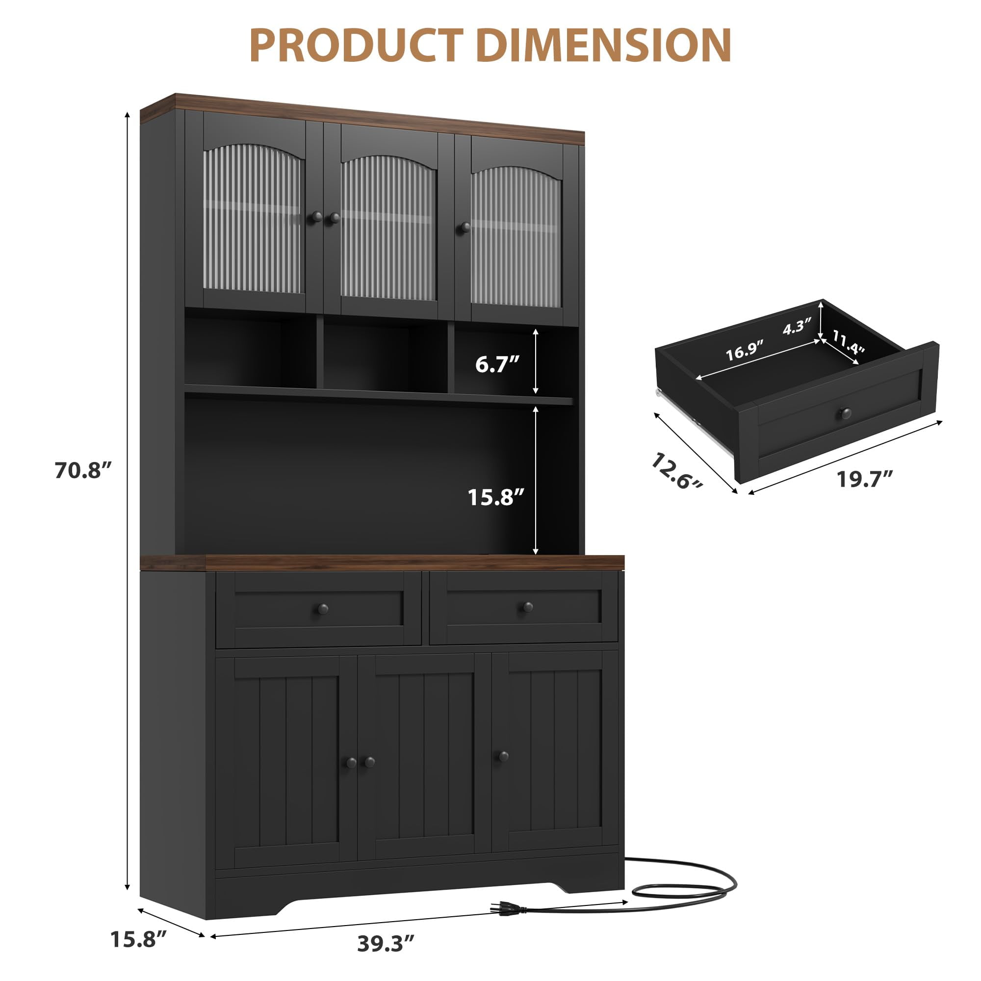 Gaderth Pantry Cabinet with Charging Station, Tall Kitchen Pantry Storage Cabinet with Hutch, 70.8 Inch Kitchen Cabinet, Kitchen Hutch with Storage Drawers, Fluted Glass Doors