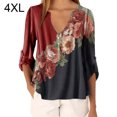 thumbnail image 1 of Blusa Camisa con cuello en V y estampado floral Blusa suelta de manga larga Top de mujer, Rojo, 4XL Eigraketly AP002021-23, 1 of 5
