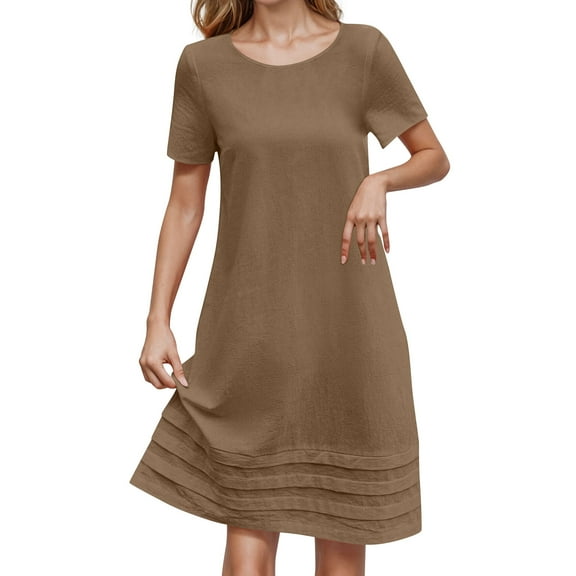 Wedding Guest Dresses For Women, 2025 Elegant Linen Casual Tshirt Dress Short Sleeve Round Neck Boho Summer Beach Party Cotton Church Easter Outfit Loose Sundress Dresses (S, Coffee) ZMTing