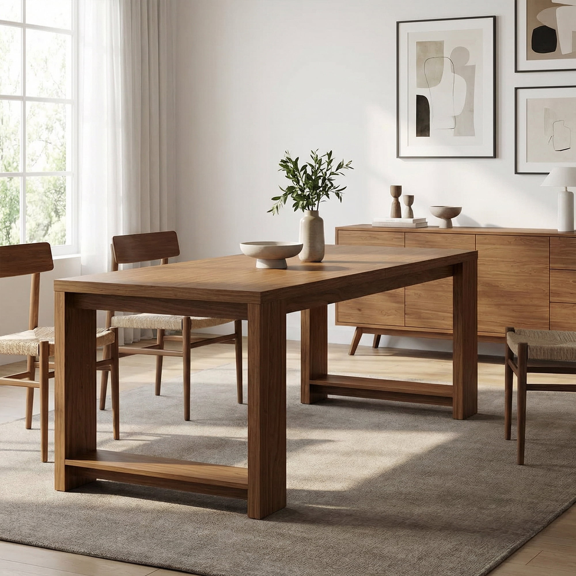 86 Inch Farmhouse Dining Table, Warm Large Kitchen Table For 8-10 People, Solid MDF Dinner Table With Brown Finish, Versatile Table For Home & Office Gatherings