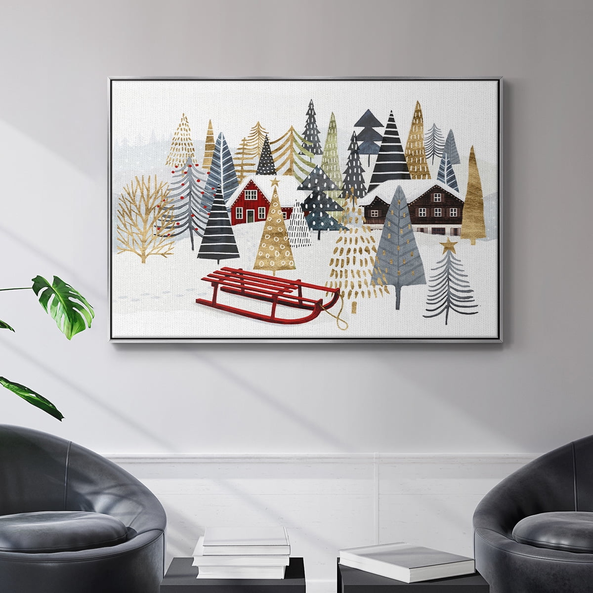Christmas Chalet Collection A - Framed Gallery Wrapped Holiday Canvas - 27 x 41 - Silver Frame