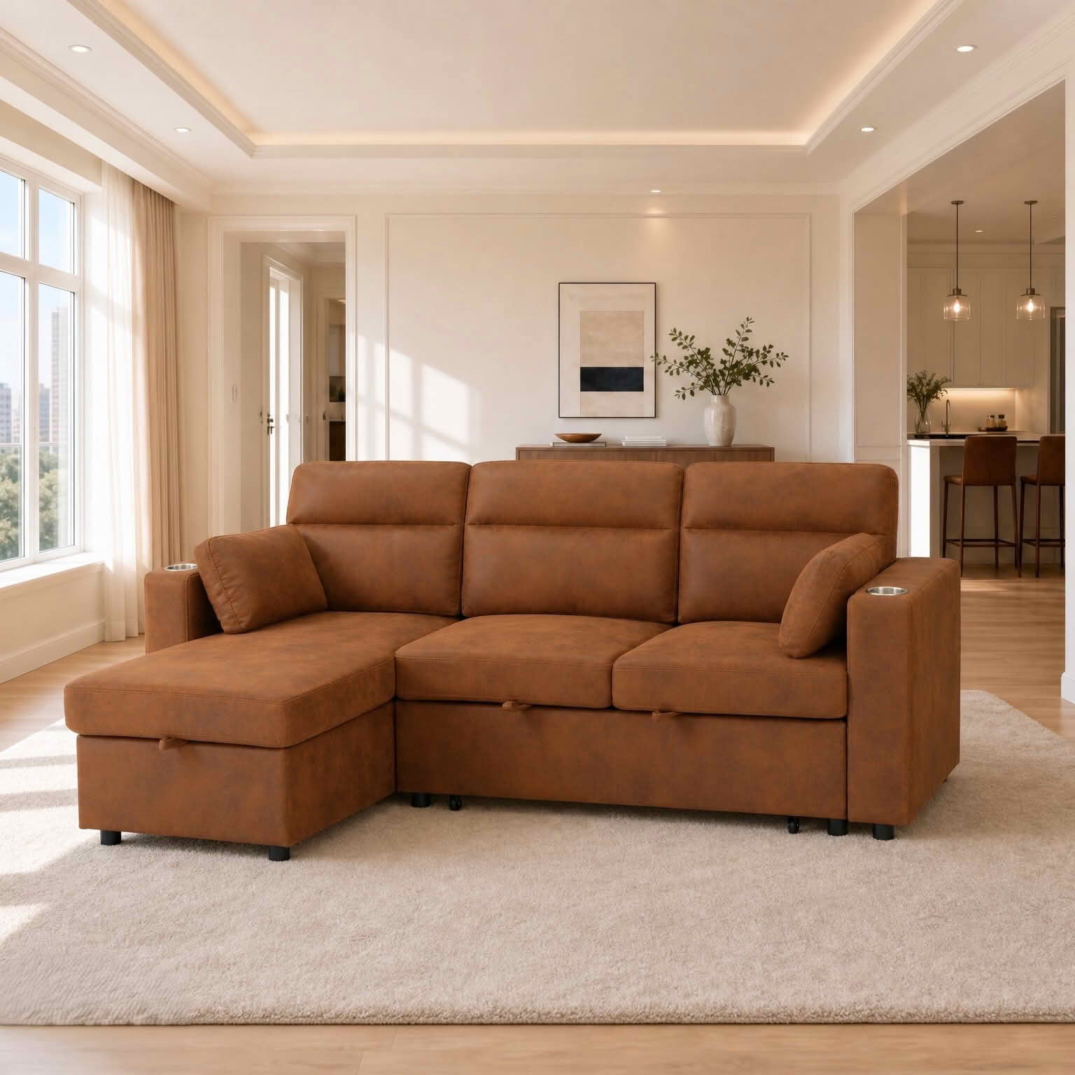 MAYEERTY 82.5 Inch L‑Shaped Pull‑Out Sectional Sofa Bed, Convertible Sleeper Couch with Storage Chaise, Cup Holders & 2 Pillows for Apartments