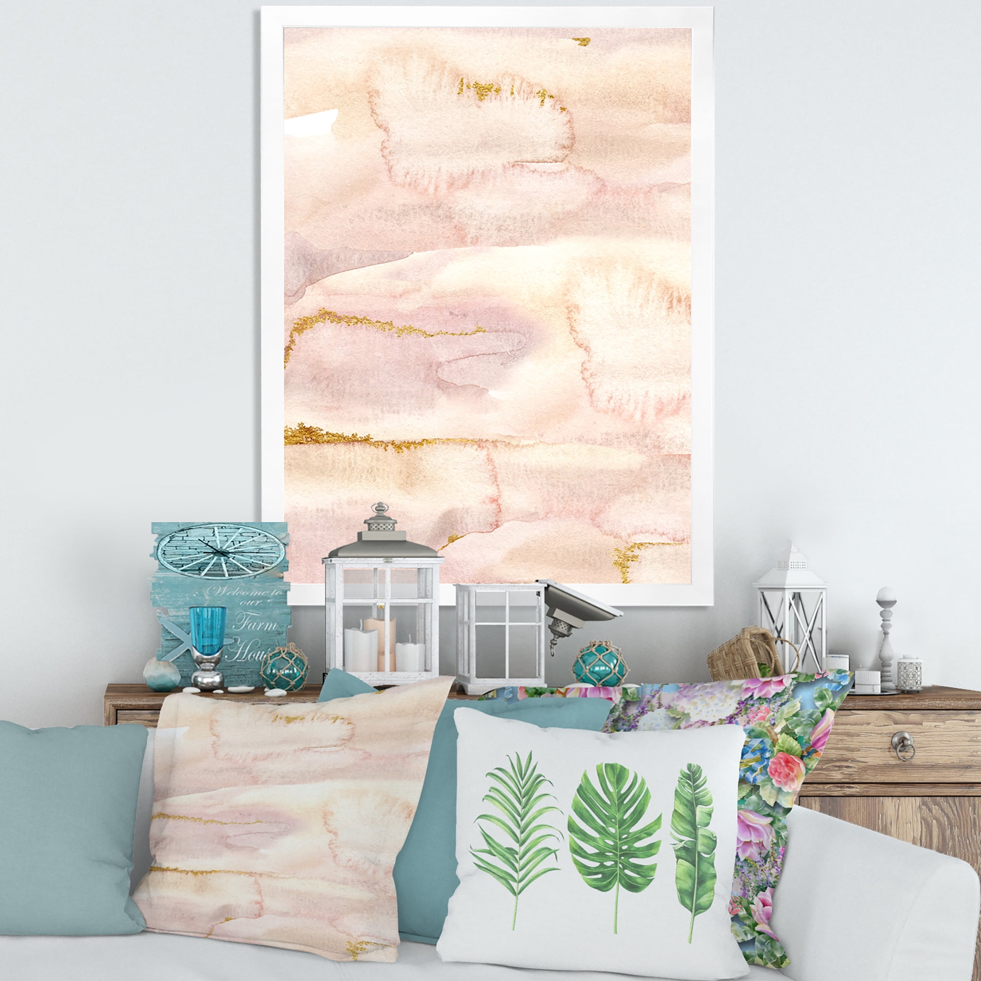 Designart 'Pastel Abstract With Beige Pink and Yelllow Spots' Modern Framed Art Print