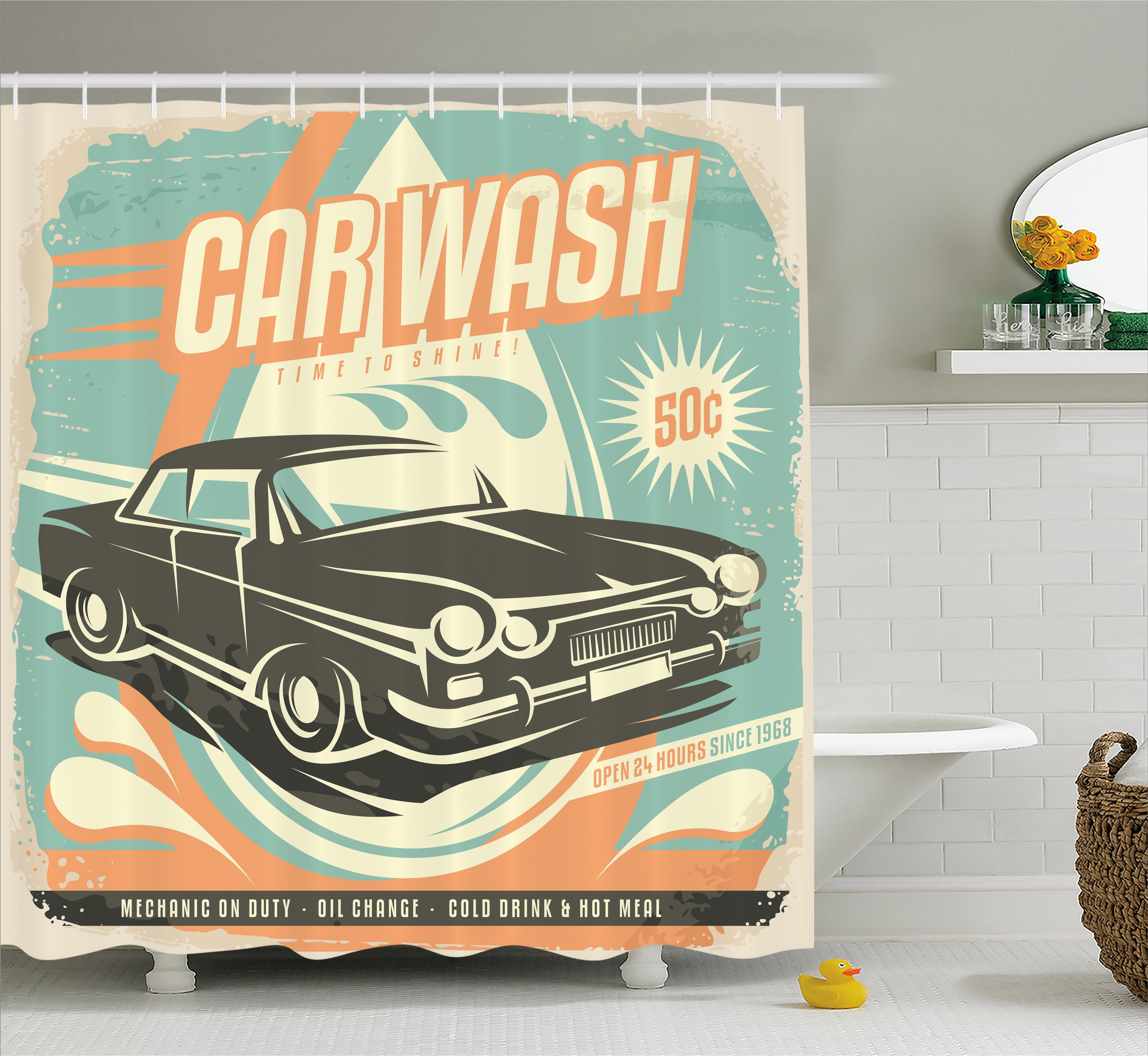 Cars Shower Curtain Retro Car Wash Poster Mechanic Repair Cleaning Cars Shower Curtain Retro Car Wash Poster Mechanic Repair Cleaning Grunge Advertising Fabric Bathroom Set With Hooks Turquoise Pale Orange Black